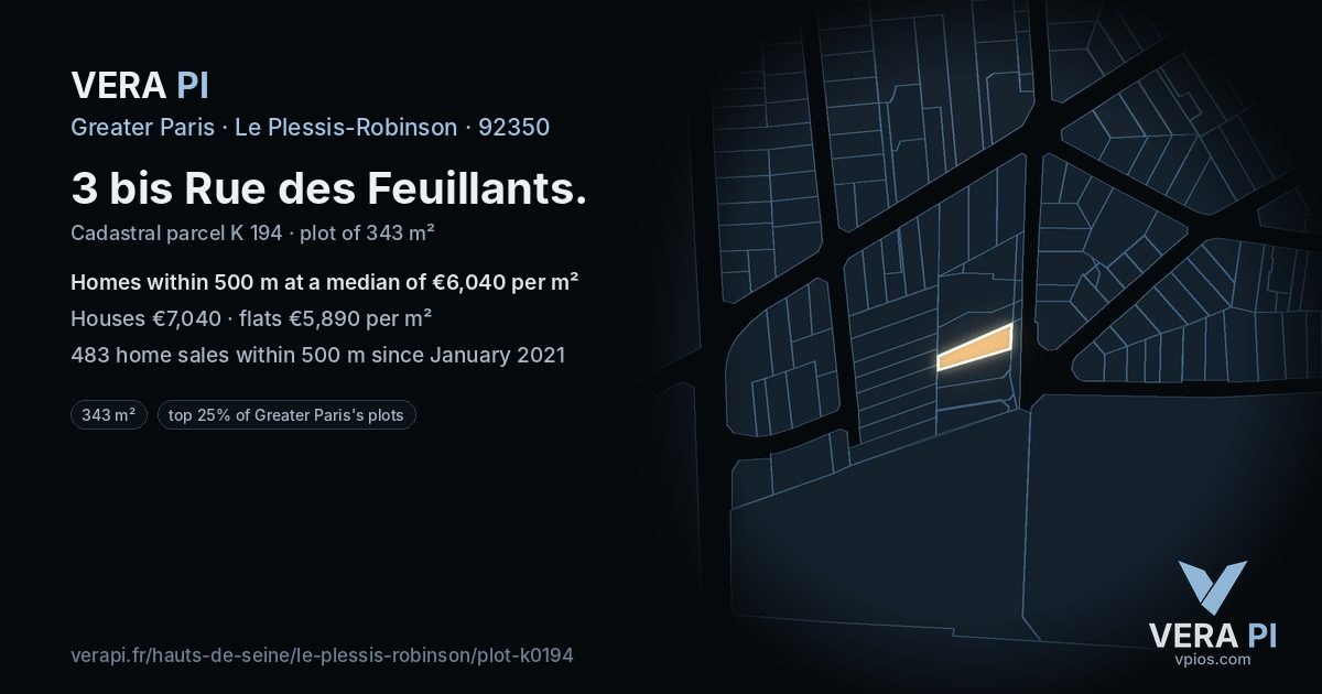 3 bis Rue des Feuillants, Le Plessis-Robinson at night – the plot lit, the parcels around coloured by the prices near them