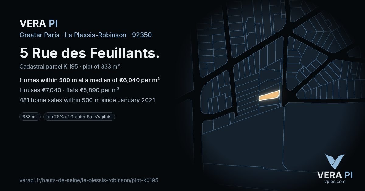 5 Rue des Feuillants, Le Plessis-Robinson at night – the plot lit, the parcels around coloured by the prices near them