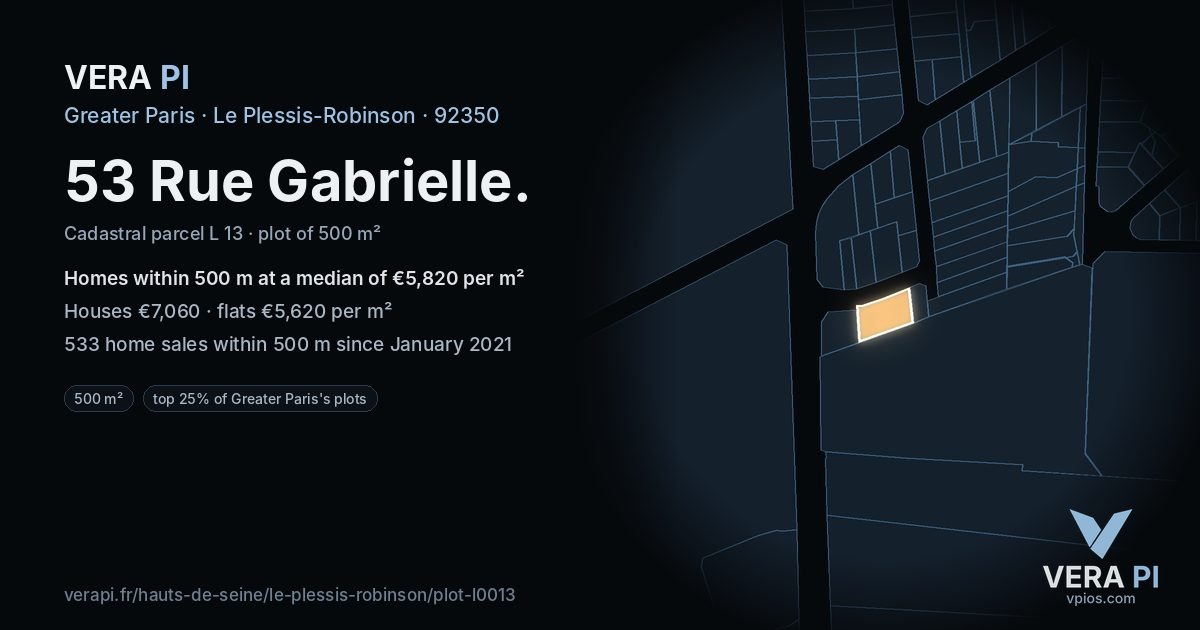 53 Rue Gabrielle, Le Plessis-Robinson at night – the plot lit, the parcels around coloured by the prices near them