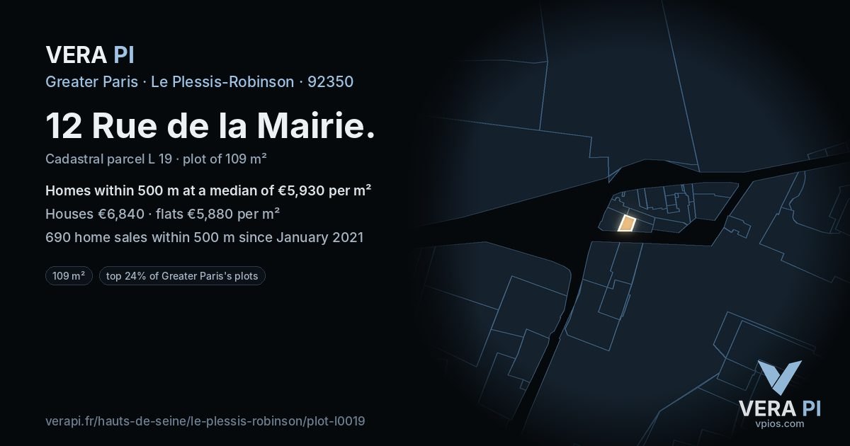 12 Rue de la Mairie, Le Plessis-Robinson at night – the plot lit, the parcels around coloured by the prices near them