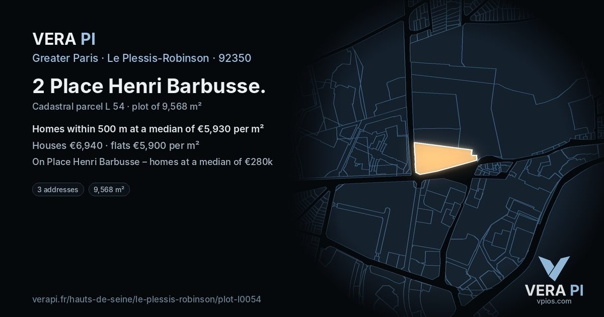 2 Place Henri Barbusse, Le Plessis-Robinson at night – the plot lit, the parcels around coloured by the prices near them