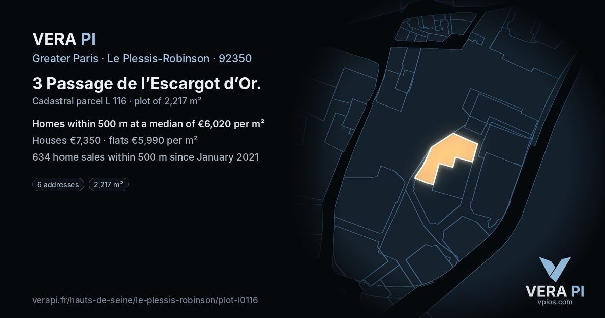 3 Passage de l’Escargot d’Or, Le Plessis-Robinson at night – the plot lit, the parcels around coloured by the prices near them