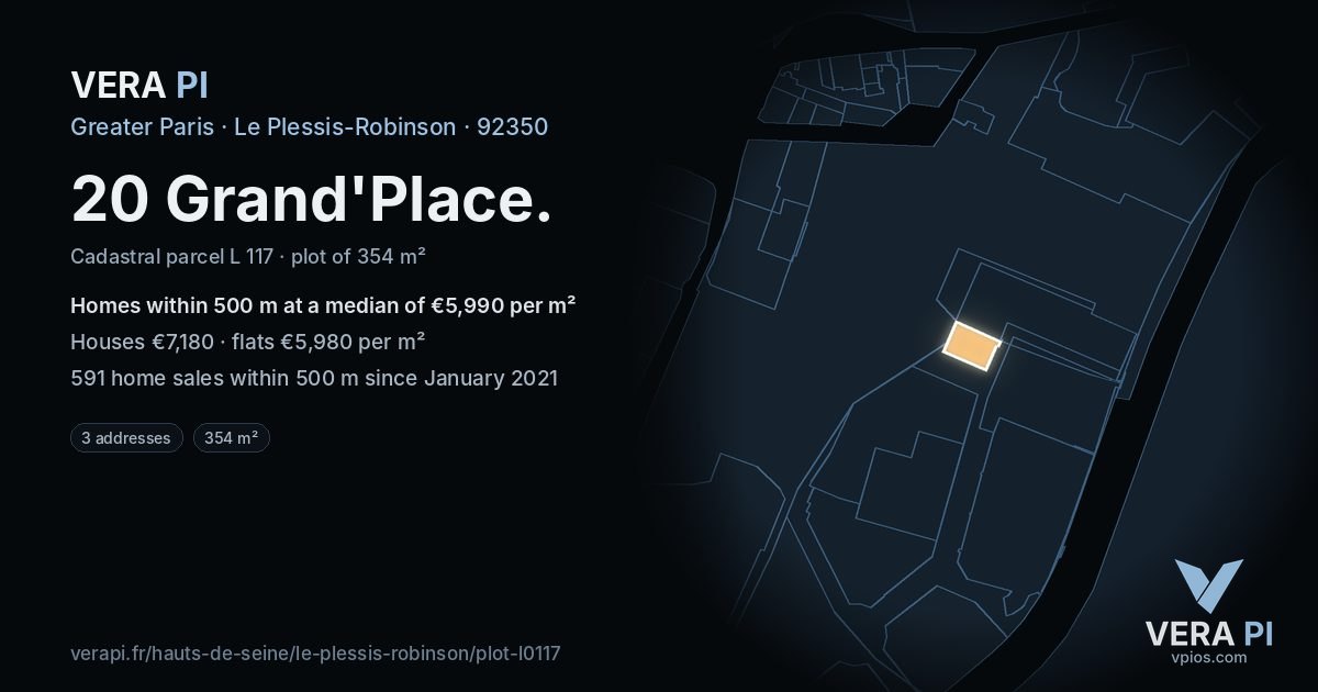 20 Grand'Place, Le Plessis-Robinson at night – the plot lit, the parcels around coloured by the prices near them