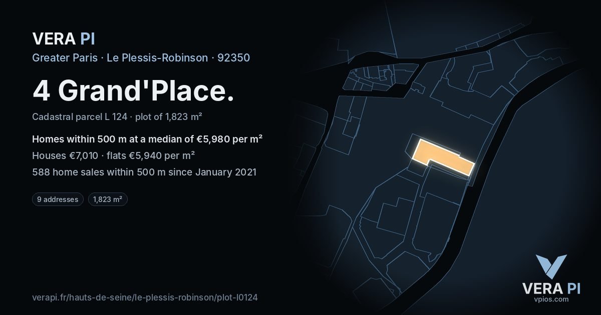 4 Grand'Place, Le Plessis-Robinson at night – the plot lit, the parcels around coloured by the prices near them