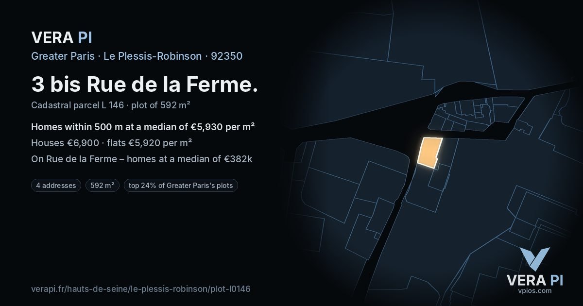3 bis Rue de la Ferme, Le Plessis-Robinson at night – the plot lit, the parcels around coloured by the prices near them
