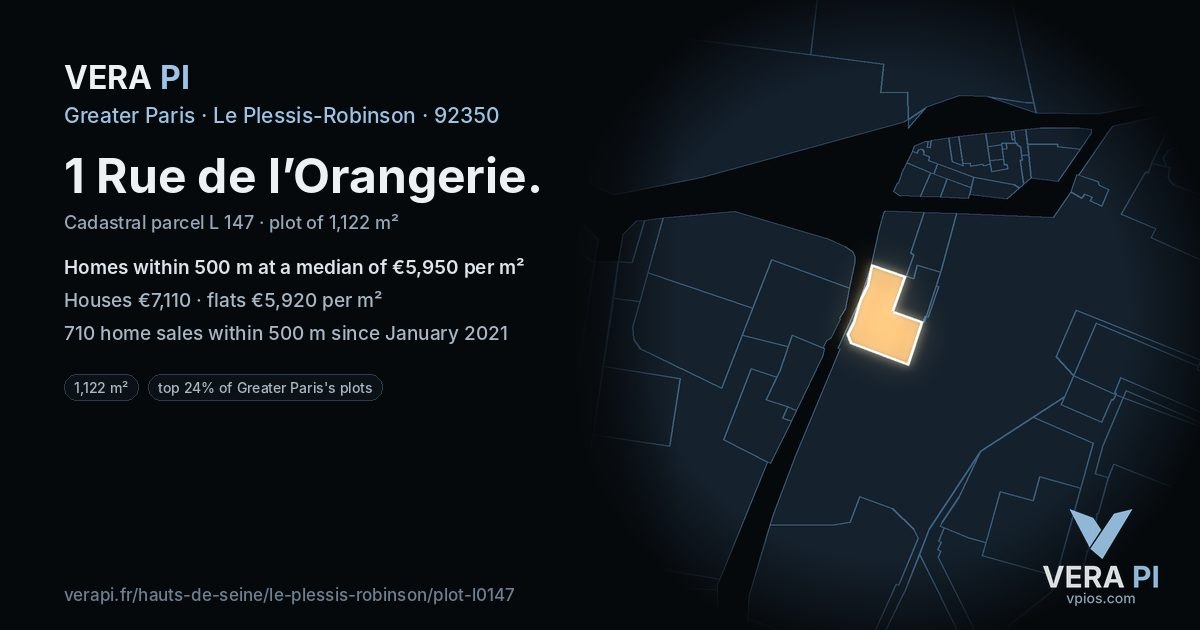 1 Rue de l’Orangerie, Le Plessis-Robinson at night – the plot lit, the parcels around coloured by the prices near them