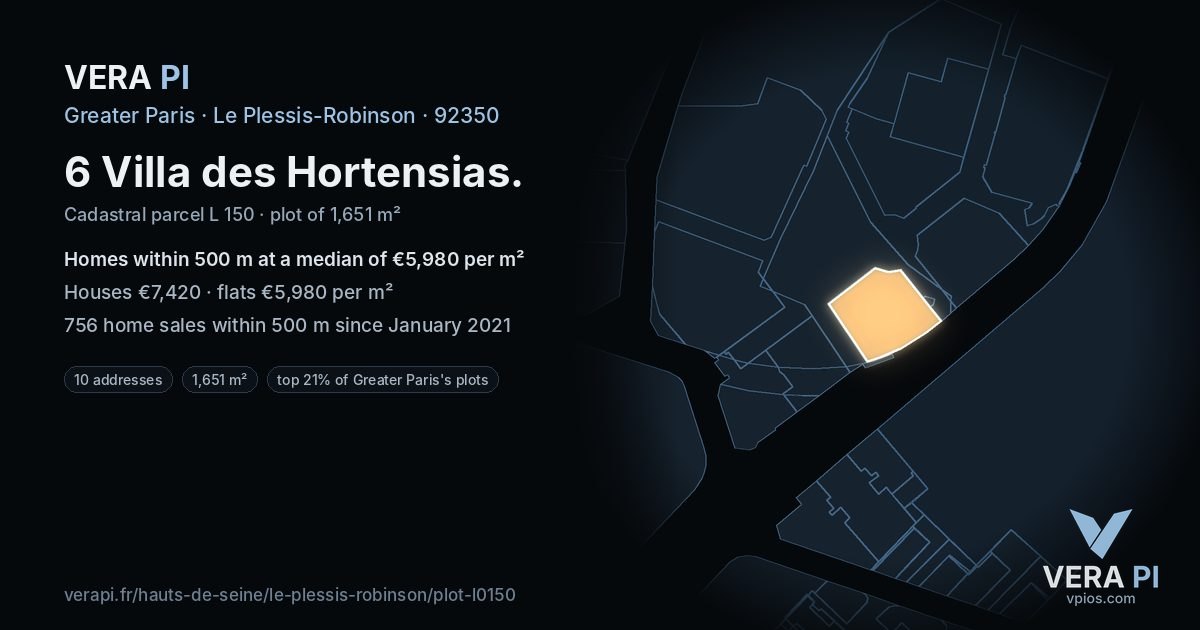 6 Villa des Hortensias, Le Plessis-Robinson at night – the plot lit, the parcels around coloured by the prices near them