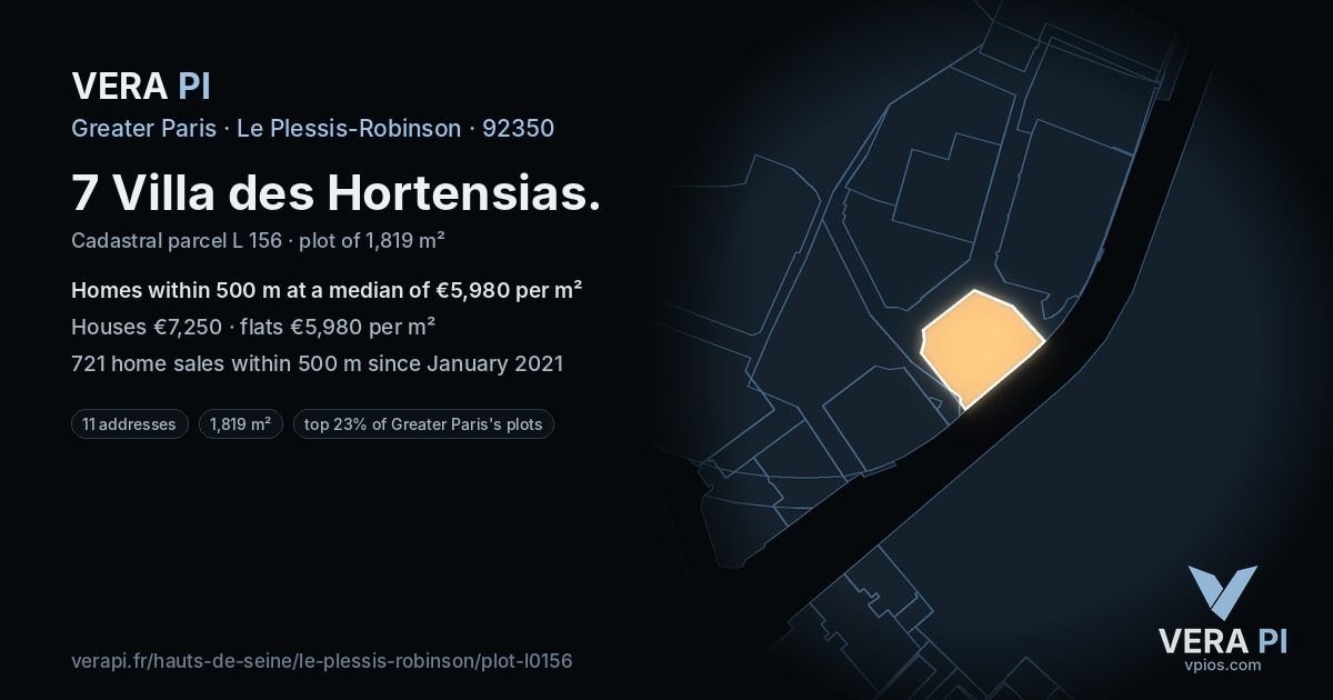 7 Villa des Hortensias, Le Plessis-Robinson at night – the plot lit, the parcels around coloured by the prices near them