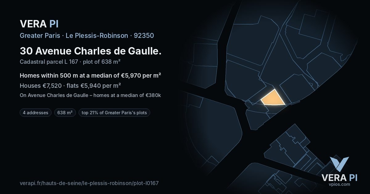 30 Avenue Charles de Gaulle, Le Plessis-Robinson at night – the plot lit, the parcels around coloured by the prices near them