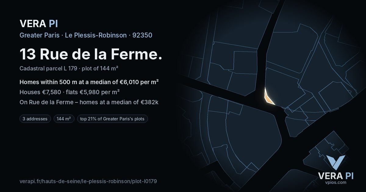 13 Rue de la Ferme, Le Plessis-Robinson at night – the plot lit, the parcels around coloured by the prices near them
