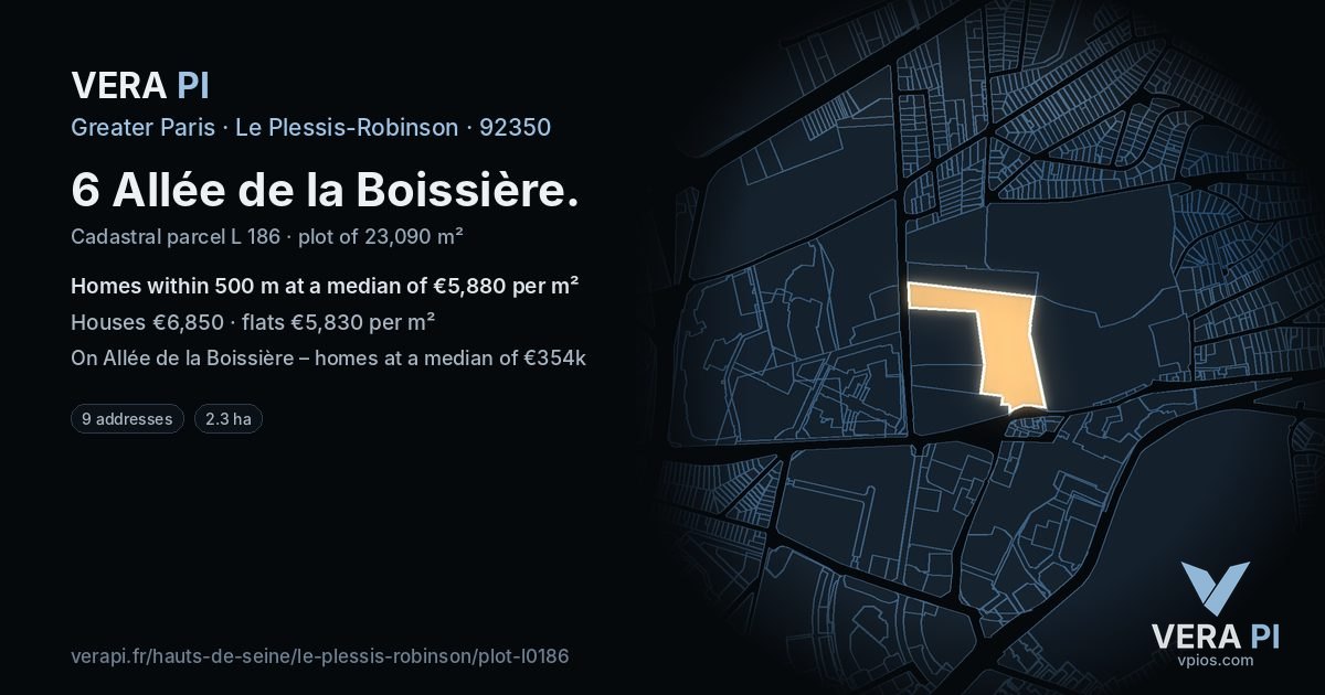 6 Allée de la Boissière, Le Plessis-Robinson at night – the plot lit, the parcels around coloured by the prices near them