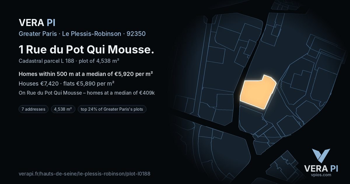 1 Rue du Pot Qui Mousse, Le Plessis-Robinson at night – the plot lit, the parcels around coloured by the prices near them