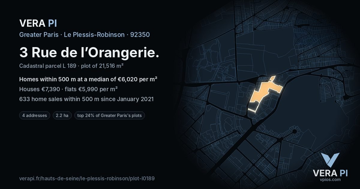 3 Rue de l’Orangerie, Le Plessis-Robinson at night – the plot lit, the parcels around coloured by the prices near them