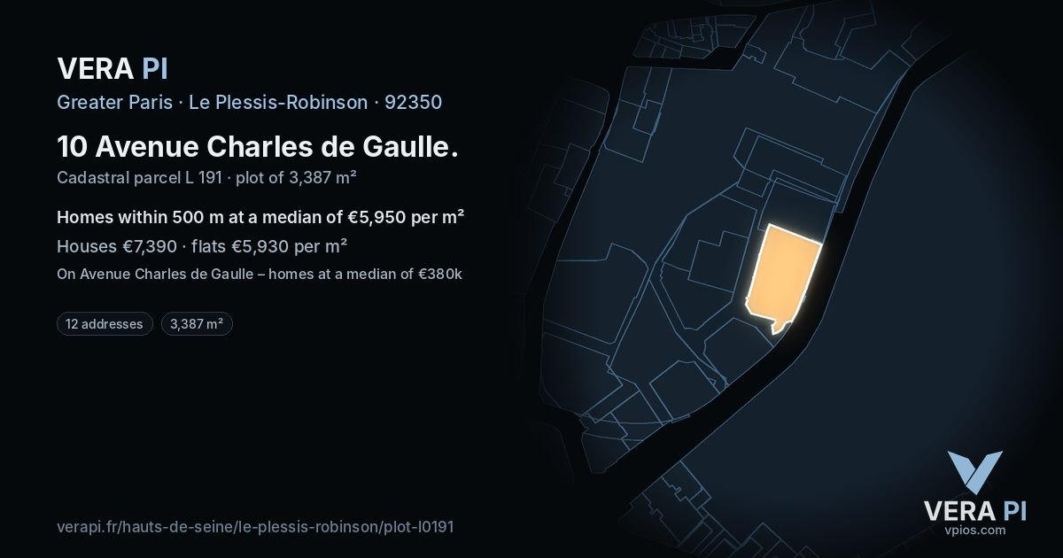 10 Avenue Charles de Gaulle, Le Plessis-Robinson at night – the plot lit, the parcels around coloured by the prices near them