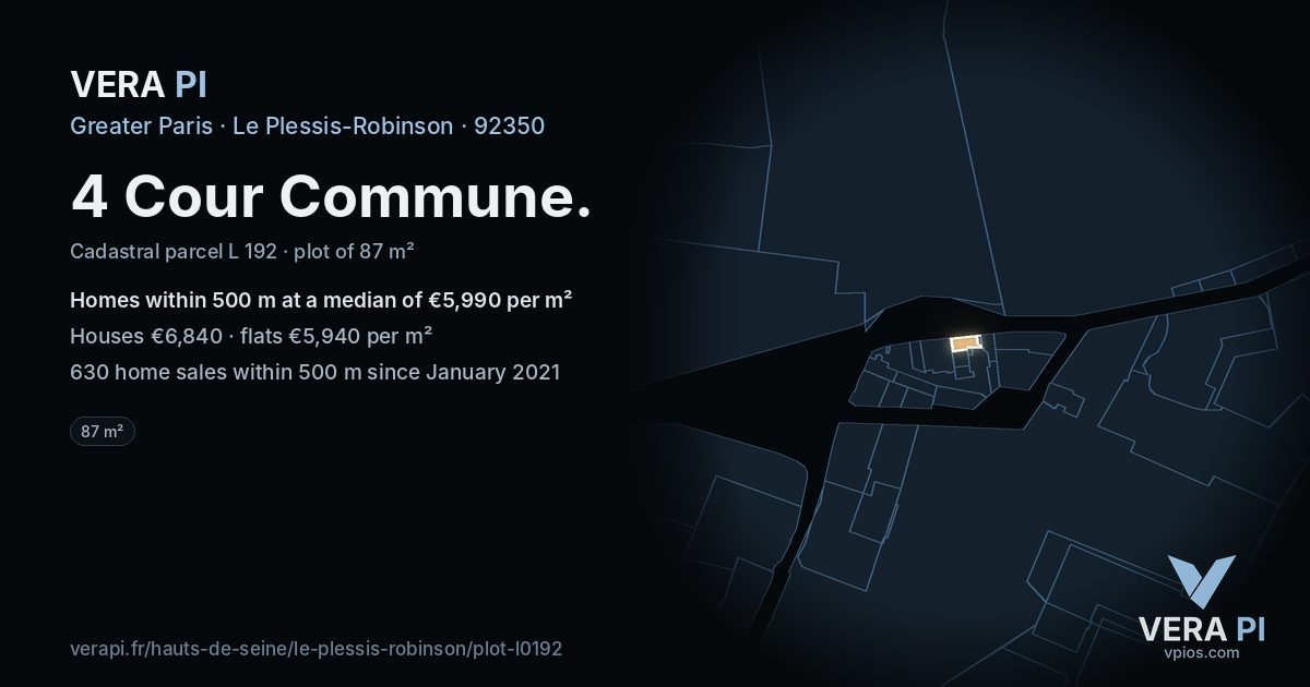 4 Cour Commune, Le Plessis-Robinson at night – the plot lit, the parcels around coloured by the prices near them