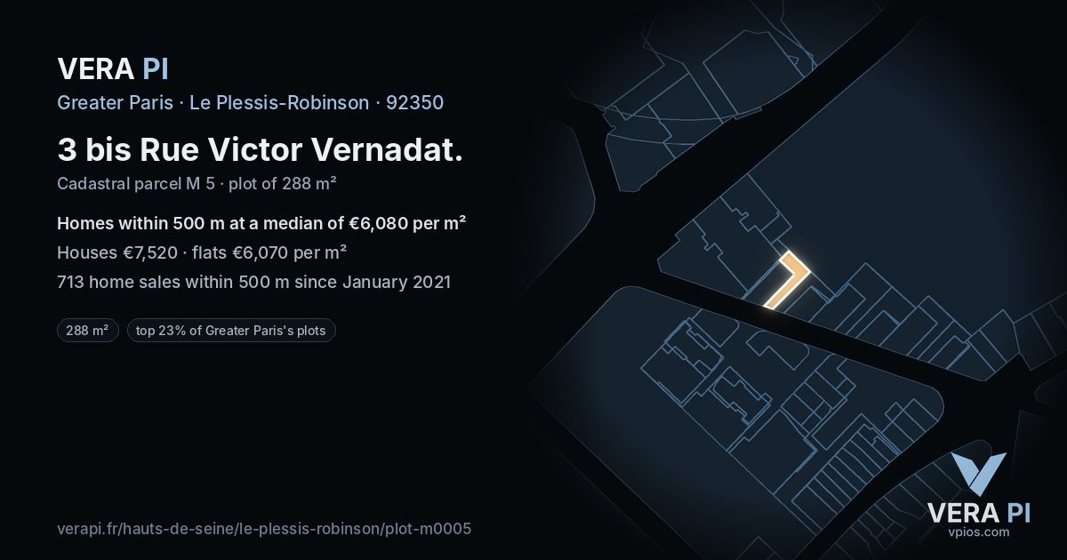 3 bis Rue Victor Vernadat, Le Plessis-Robinson at night – the plot lit, the parcels around coloured by the prices near them