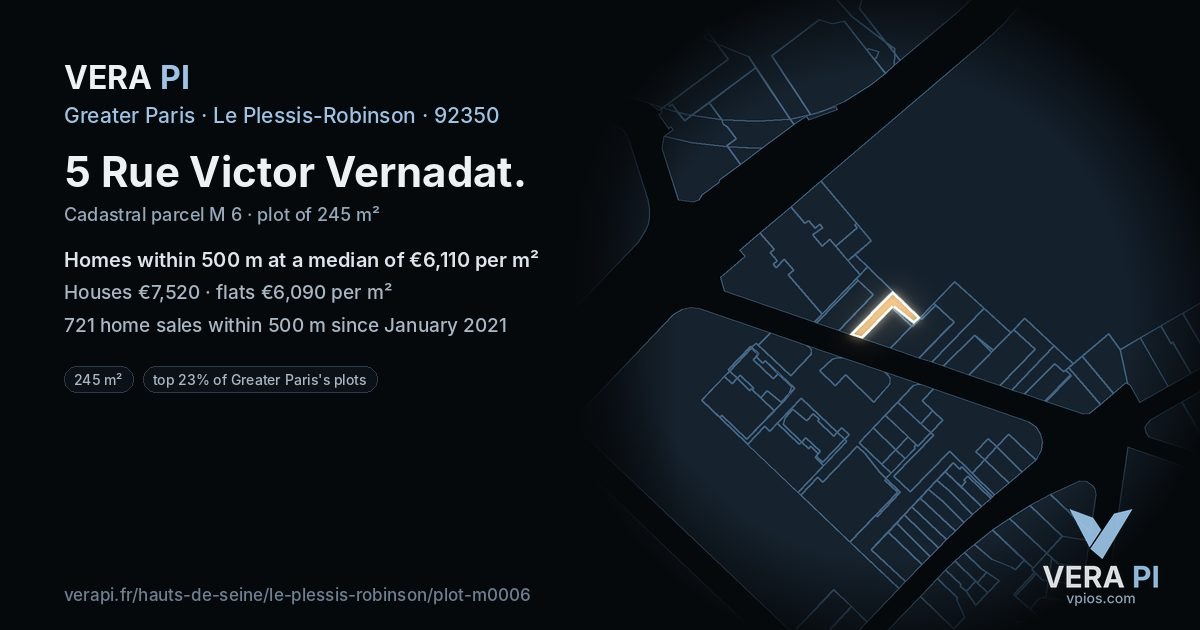 5 Rue Victor Vernadat, Le Plessis-Robinson at night – the plot lit, the parcels around coloured by the prices near them