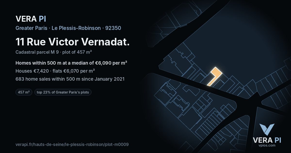 11 Rue Victor Vernadat, Le Plessis-Robinson at night – the plot lit, the parcels around coloured by the prices near them