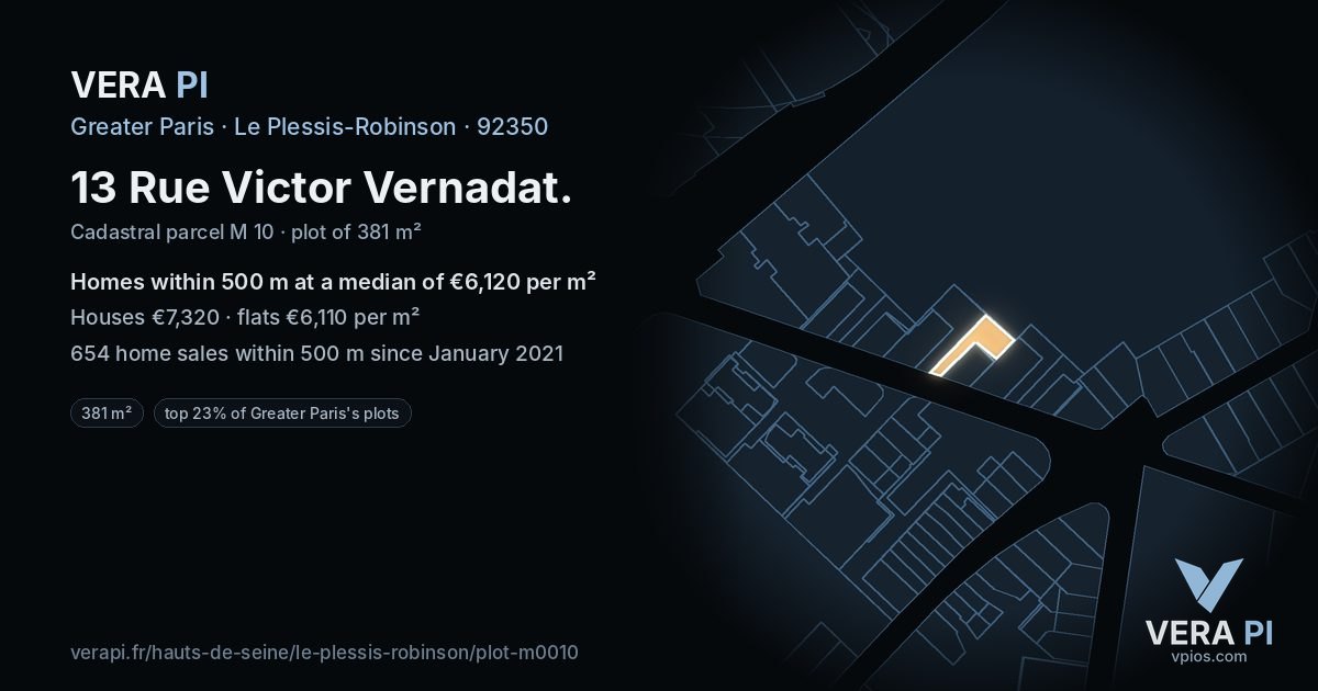 13 Rue Victor Vernadat, Le Plessis-Robinson at night – the plot lit, the parcels around coloured by the prices near them