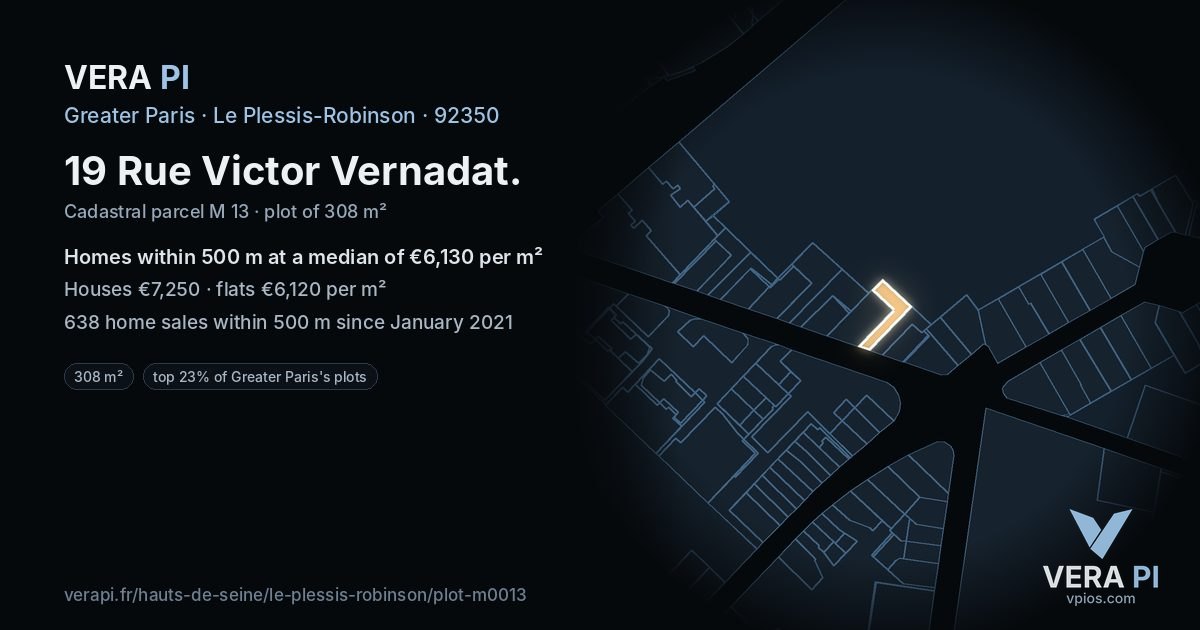 19 Rue Victor Vernadat, Le Plessis-Robinson at night – the plot lit, the parcels around coloured by the prices near them