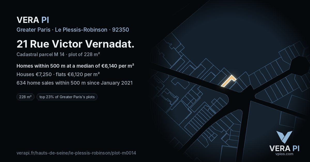 21 Rue Victor Vernadat, Le Plessis-Robinson at night – the plot lit, the parcels around coloured by the prices near them