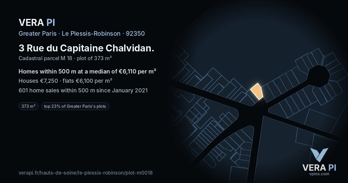 3 Rue du Capitaine Chalvidan, Le Plessis-Robinson at night – the plot lit, the parcels around coloured by the prices near them