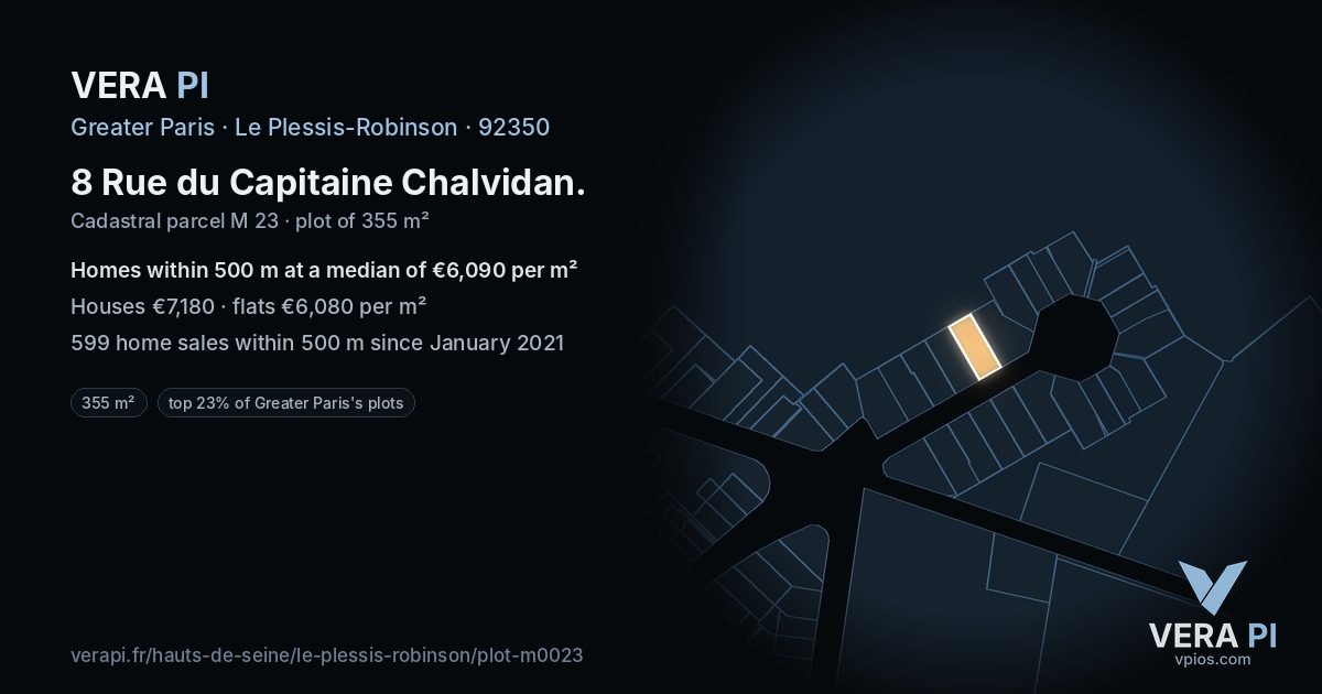 8 Rue du Capitaine Chalvidan, Le Plessis-Robinson at night – the plot lit, the parcels around coloured by the prices near them