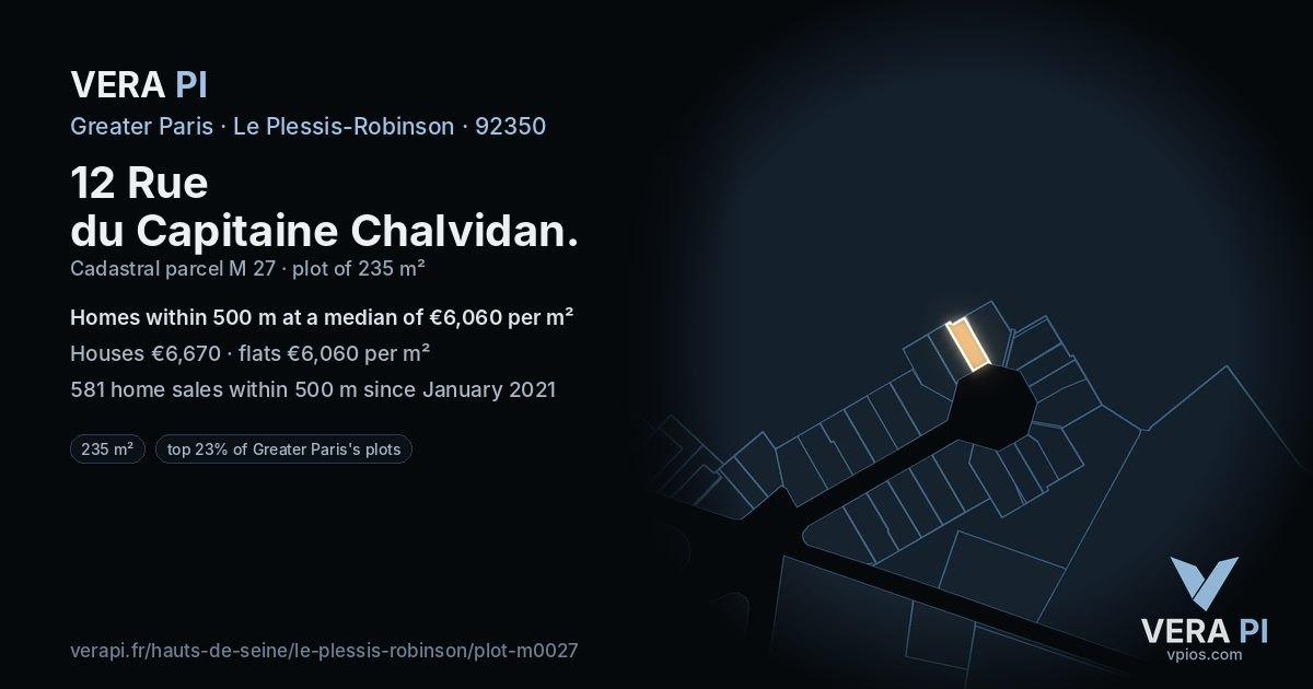 12 Rue du Capitaine Chalvidan, Le Plessis-Robinson at night – the plot lit, the parcels around coloured by the prices near them