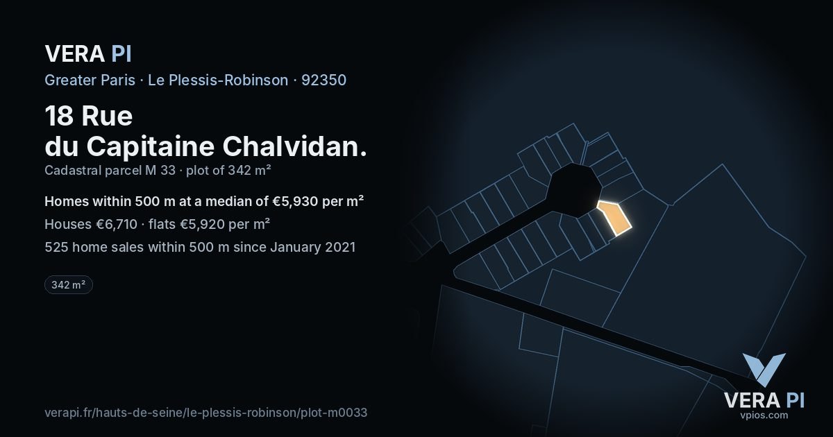 18 Rue du Capitaine Chalvidan, Le Plessis-Robinson at night – the plot lit, the parcels around coloured by the prices near them