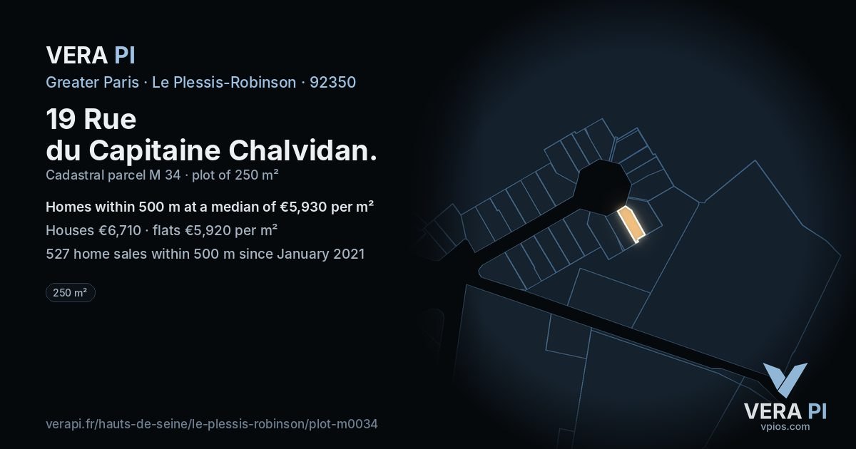19 Rue du Capitaine Chalvidan, Le Plessis-Robinson at night – the plot lit, the parcels around coloured by the prices near them