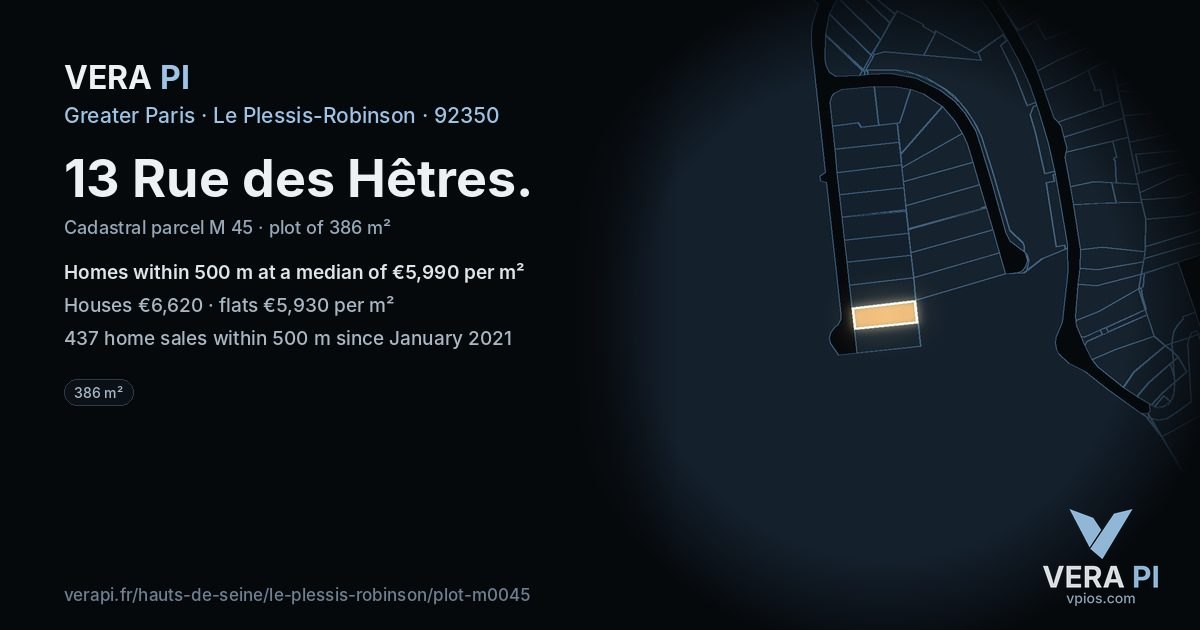 13 Rue des Hêtres, Le Plessis-Robinson at night – the plot lit, the parcels around coloured by the prices near them