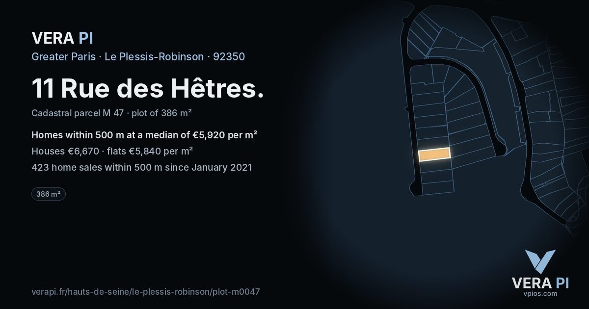 11 Rue des Hêtres, Le Plessis-Robinson at night – the plot lit, the parcels around coloured by the prices near them