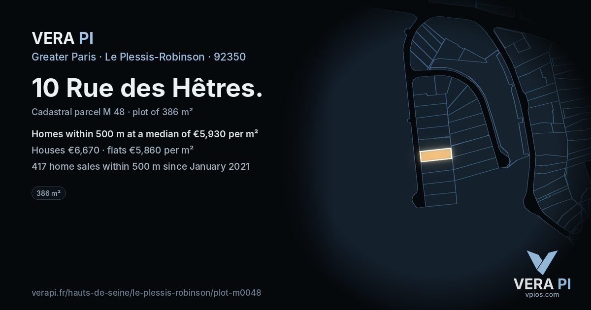 10 Rue des Hêtres, Le Plessis-Robinson at night – the plot lit, the parcels around coloured by the prices near them