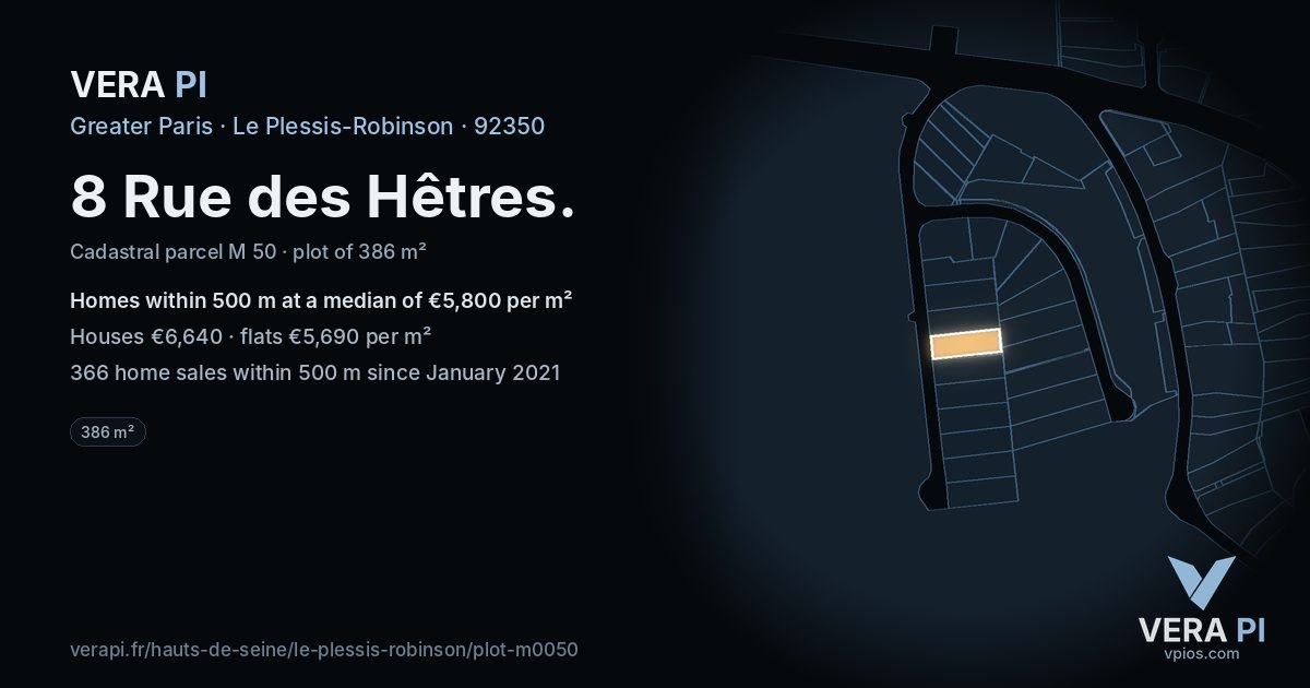 8 Rue des Hêtres, Le Plessis-Robinson at night – the plot lit, the parcels around coloured by the prices near them