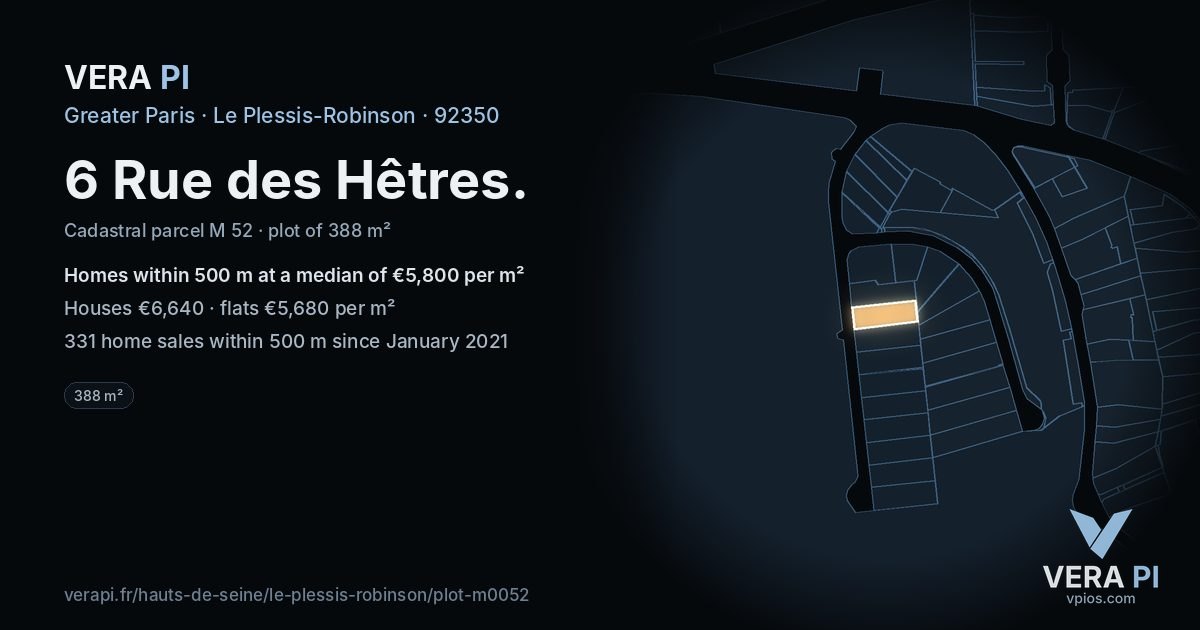 6 Rue des Hêtres, Le Plessis-Robinson at night – the plot lit, the parcels around coloured by the prices near them