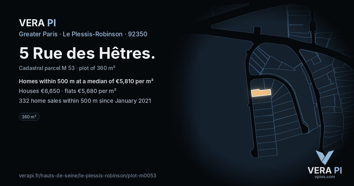 5 Rue des Hêtres, Le Plessis-Robinson at night – the plot lit, the parcels around coloured by the prices near them