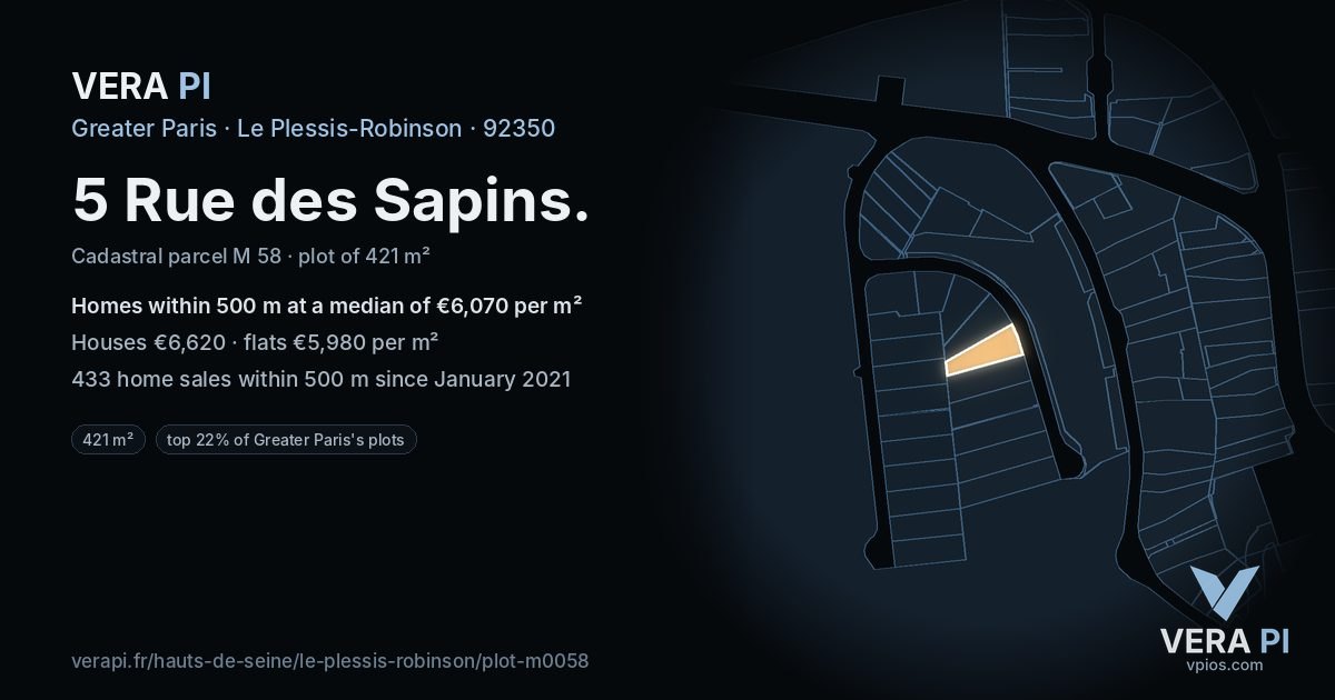 5 Rue des Sapins, Le Plessis-Robinson at night – the plot lit, the parcels around coloured by the prices near them