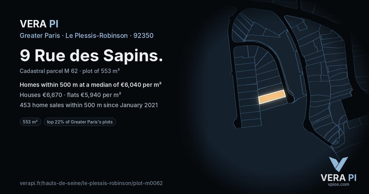 9 Rue des Sapins, Le Plessis-Robinson at night – the plot lit, the parcels around coloured by the prices near them