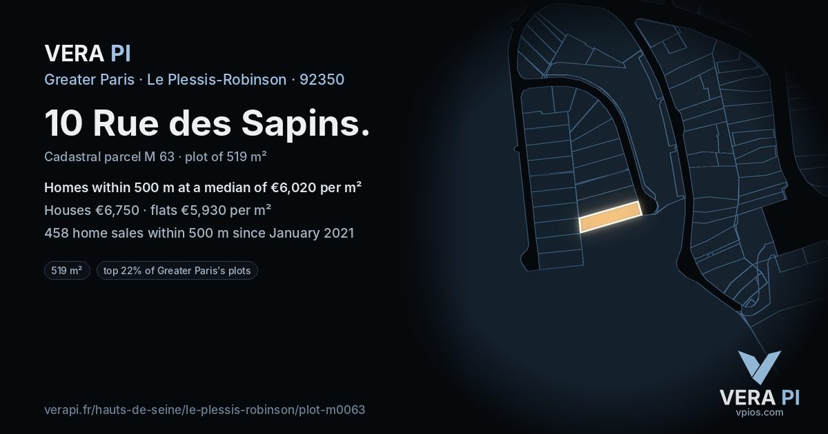 10 Rue des Sapins, Le Plessis-Robinson at night – the plot lit, the parcels around coloured by the prices near them