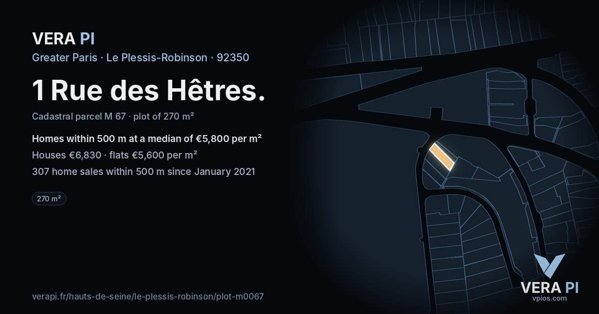 1 Rue des Hêtres, Le Plessis-Robinson at night – the plot lit, the parcels around coloured by the prices near them