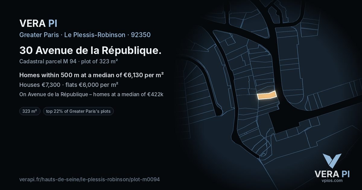 30 Avenue de la République, Le Plessis-Robinson at night – the plot lit, the parcels around coloured by the prices near them