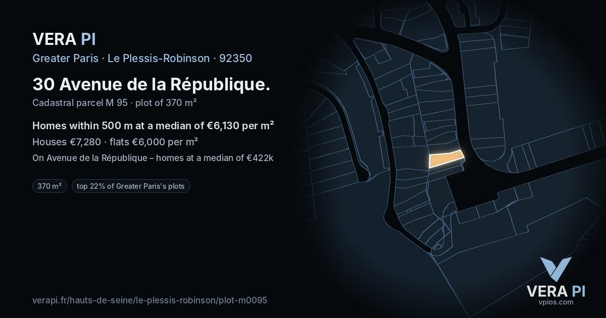 30 Avenue de la République, Le Plessis-Robinson at night – the plot lit, the parcels around coloured by the prices near them
