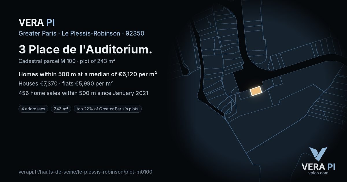 3 Place de l'Auditorium, Le Plessis-Robinson at night – the plot lit, the parcels around coloured by the prices near them