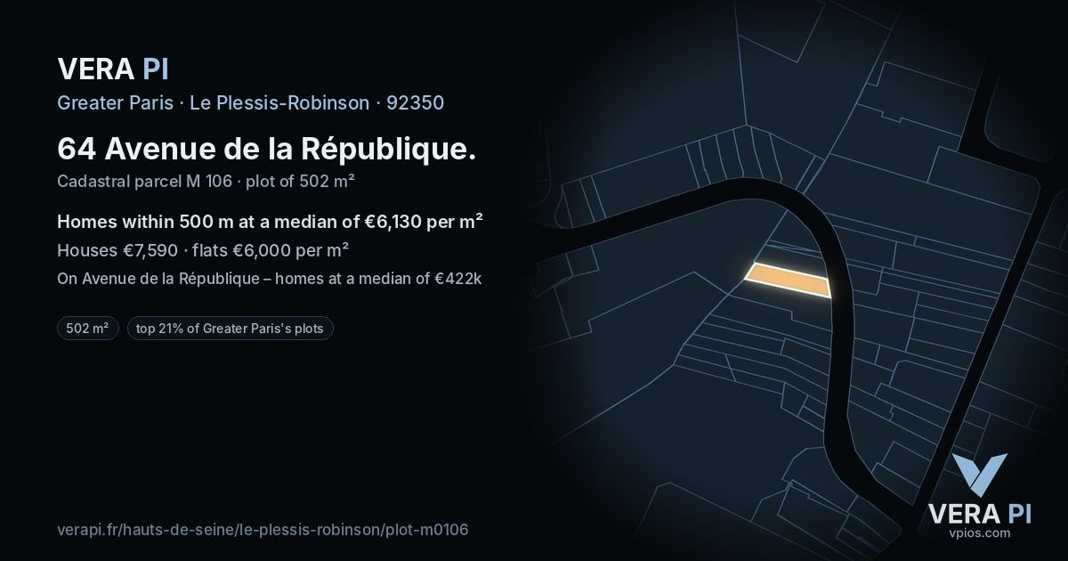 64 Avenue de la République, Le Plessis-Robinson at night – the plot lit, the parcels around coloured by the prices near them