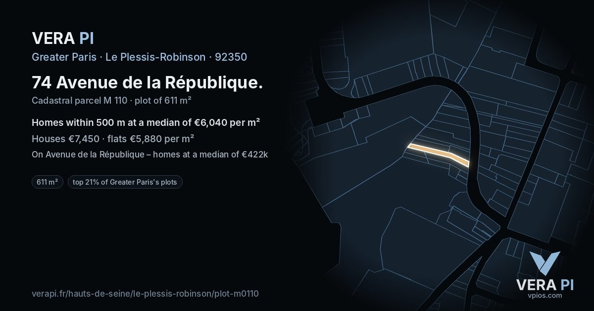 74 Avenue de la République, Le Plessis-Robinson at night – the plot lit, the parcels around coloured by the prices near them