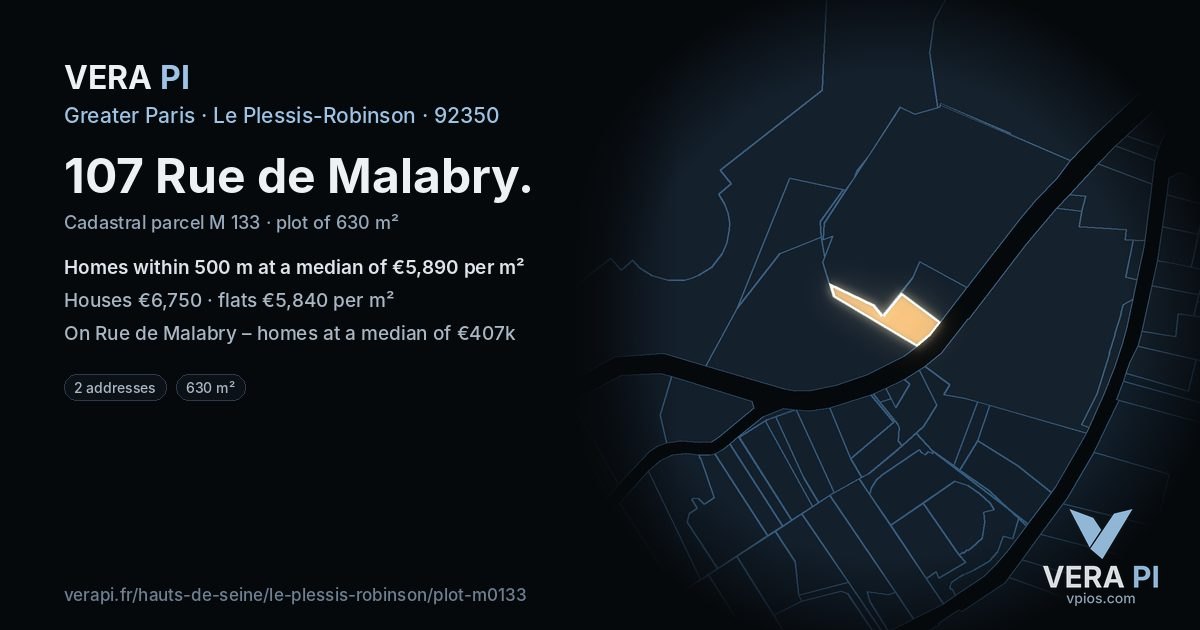 107 Rue de Malabry, Le Plessis-Robinson at night – the plot lit, the parcels around coloured by the prices near them
