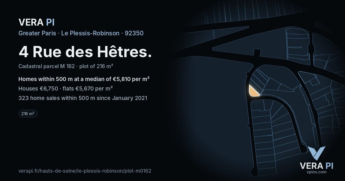 4 Rue des Hêtres, Le Plessis-Robinson at night – the plot lit, the parcels around coloured by the prices near them
