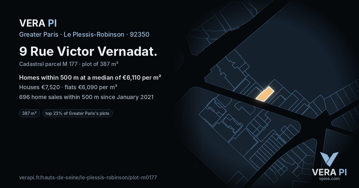 9 Rue Victor Vernadat, Le Plessis-Robinson at night – the plot lit, the parcels around coloured by the prices near them