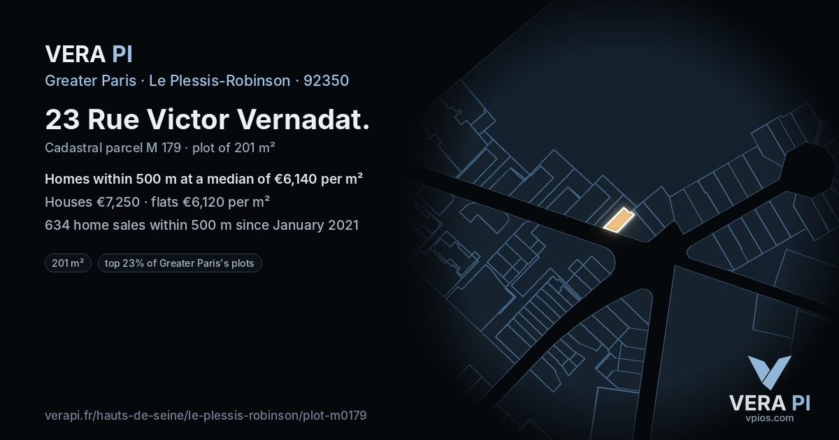 23 Rue Victor Vernadat, Le Plessis-Robinson at night – the plot lit, the parcels around coloured by the prices near them