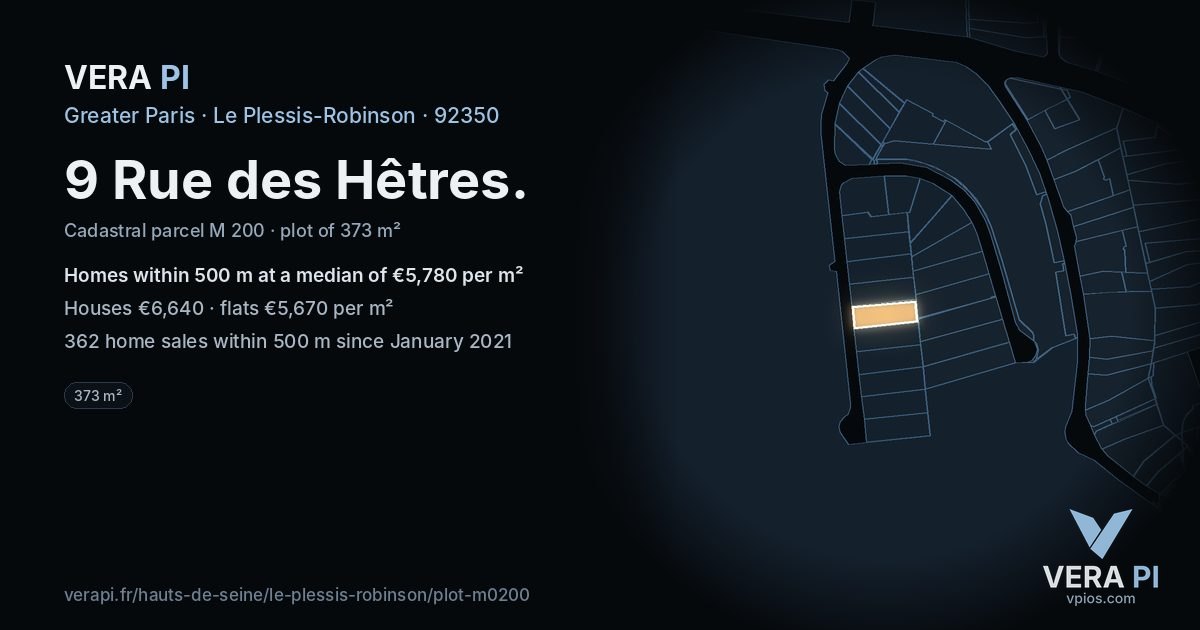 9 Rue des Hêtres, Le Plessis-Robinson at night – the plot lit, the parcels around coloured by the prices near them